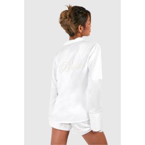 Bridal "Bride" Embroidered Long Sleeve Shirt & Shorts Pyjama Set - Blanc Cassé - 40, Blanc Cassé