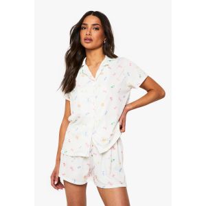 "Petite" Tenue Pyjama À Imprimé Sucré, Chemise À Manches Courtes Et Short Assorti - Blanc Cassé - 44, Blanc Cassé