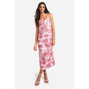 Robe Longue En Satin À Imprimé Porcelaine, Fines Bretelles, Mi-Longue Ajustée - Rouge - 36, Rouge