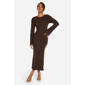 Robe Midaxi En Côte Brossée Avec Dos Torsadé - Marron Chocolat - 44, Marron Chocolat