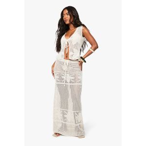 Jupe Maxi À Détail Floral En Crochet - Gris Pierre - S, Gris Pierre