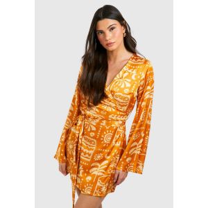 Robe Chemisier À Nouer Imprimée En Satin - Orange Vif - 36, Orange Vif