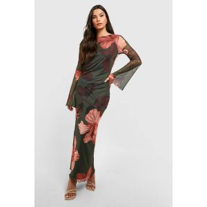 Robe Maxi Hibiscus En Maille Dos Plongeant - Vert Kaki - 36, Vert Kaki