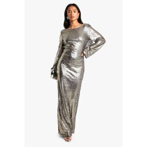 "Petite" Robe Maxi À Sequins Avec Dos Drapé - Gun Metal - 38, Gun Metal