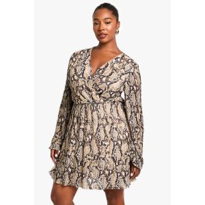 "Plus" Robe Patineuse Plissée À Imprimé Synthétique - Gris - 54, Gris