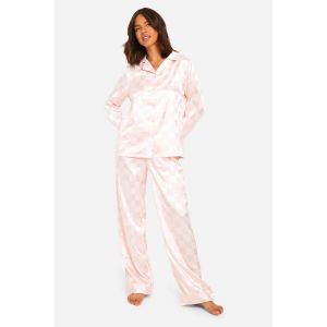 Checkerboard Jacquard Stripe Satin Trouser Pj Shirt Set - Rose - 38, Rose