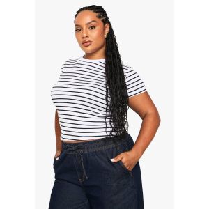 "Plus" Contrast Binding Stripe Short Sleeve T-Shirt - Blanc - 54, Blanc