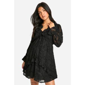 Robe De Maternité Burn Out À Détails Volant Et Manches Longues, Mini Robe Smock - Noir - 38, Noir