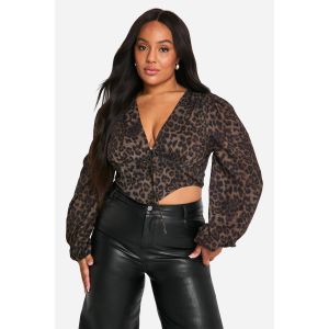 "Plus" Haut Corset Long Imprimé Léopard À Manches Bouffantes - Leopard - 56, Leopard
