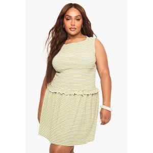 Mini Robe Patineuse En Gingham À Taille Froncée Pour Grandes Tailles - Vert Mastic - 50, Vert Mastic