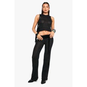 Sequin Knit Sheer Wide Leg Knitted Trouser - Noir - M, Noir