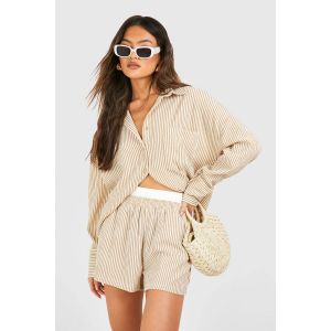 Shorts À Rayures Texturées Et À Ceinture Contrastante - Gris Pierre - 34, Gris Pierre