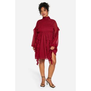Robe Smock Grande Taille En Chiffon Froissé À Col Entonnoir Et Volants - Rouge Bordeaux - 44, Rouge Bordeaux