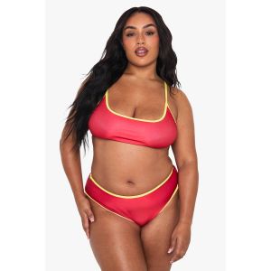 "Plus" Contrast Binding High Waist Bikini Set - Rouge - 56, Rouge