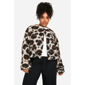 "Plus" Veste En Laine Léopard Sans Col Grande Taille - Leopard - 50, Leopard