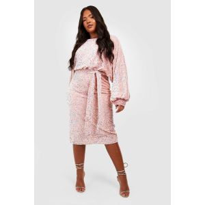 Robe Midi Ceinturée En Velours Pailleté Style Blouson Grande Taille - Rose Clair - 46, Rose Clair