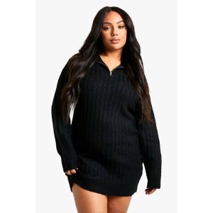 Robe Mini "Plus" - Tricot Doux, Côte Épais, Col À Zip, Surdimensionnée Mini - Noir - 44, Noir
