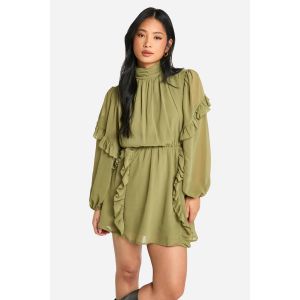 "Petite" Robe Skateur En Chiffon À Encolure Haute Et Volants - Vert Olive - 42, Vert Olive