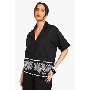 Chemise En Popeline De Coton Avec Bord Brodé - Noir - 34, Noir