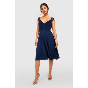 Robe De Demoiselle D'Honneur Midi Patineuse En Chiffon Et Dentelle - Bleu Foncè - 38, Bleu Foncè
