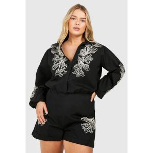 "Plus" Combinaison Grande Taille Avec Détail Brodé Tissé Et Manches Longues - Noir - 56, Noir
