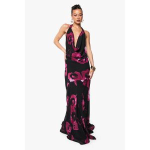 Robe Maxi Longue Adaptée Aux Grandes Tailles En Chiffon Floral, À Encolure Halterneck Et Décolleté Drapé - Noir - 44, Noir