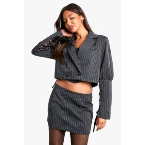 Blazer Cropped À Rayures Fines Avec Manches Lacées - Gris Anthracite - 44, Gris Anthracite