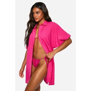 Chemise Kaftan De Plage À Boutons Devant, Look Lin Et Manches Chauve-Souris - Rose Fuchsia - M, Rose Fuchsia