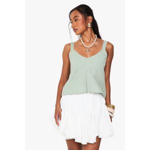 Top Cami Crop À Look Lin - Vert Mastic - 38, Vert Mastic
