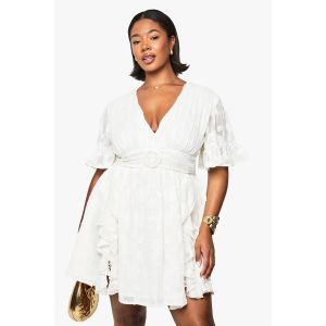 Robe Patineuse Grande Taille Burnout Florale À Manches D'Ange - Blanc Ivoire - 56, Blanc Ivoire