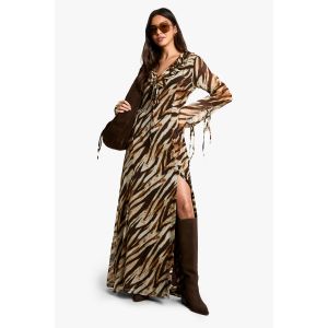 Robe Maxi En Chiffon Zèbre À Volants, Manches Nouées Et Ceinture - Marron - 40, Marron