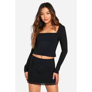 Crop À Col Carré Avec Détails En Dentelle Et Mini Jupe - Noir - 38, Noir