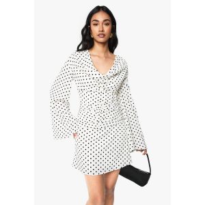 Polka Dot Cowl Neck Ruched Skater Dress - Blanc - 44, Blanc