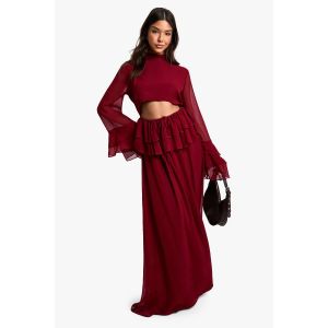 Robe Longue Plissée À Volants Et Manches Évasées - Rouge Bordeaux - 38, Rouge Bordeaux