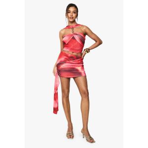 Jupe Mini En Mesh Texturé Imprimé À Drapé À L'Avant - Rose - 38, Rose