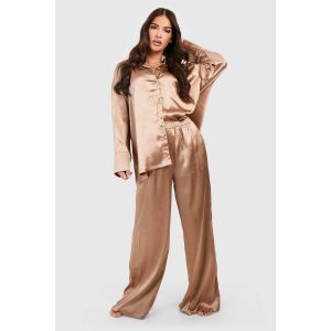 Oversized Satin Long Sleeved Shirt & Trousers Pyjama Set - Marron Moka - 38, Marron Moka