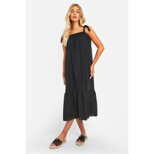 Robe Midaxi À L'Aspect Lin Avec Bretelles Nouées - Noir - 36, Noir