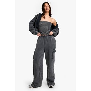 "Tall" Acid Wash Corset Top Hooded 3 Piece Tracksuit - Noir - Xs, Noir