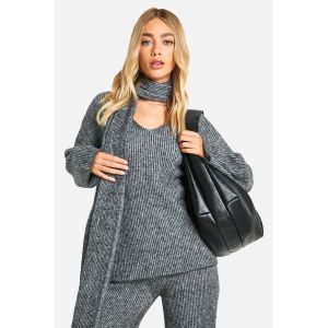 Détail De Points - Pull En Maille Oversize À Encolure En V Et Écharpe Assortie - Gris - S, Gris