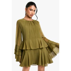 Robe Courte En Mousseline De Soie À Volants Et Manches Évasées - Vert Olive - 46, Vert Olive
