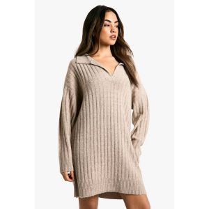 Détail De Col - Robe Pull Tricotée Cosy Avec Col - Marron Camel - M, Marron Camel