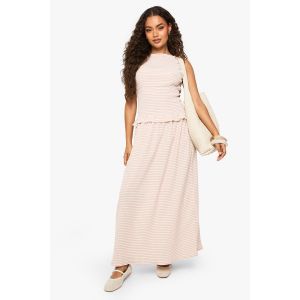 Robe Maxi En Gingham Texturé À Taille Froncée - Gris Pierre - 46, Gris Pierre