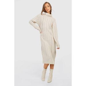 Cable Tricotée Robe Midi Col Roulé - Gris Pierre - S, Gris Pierre