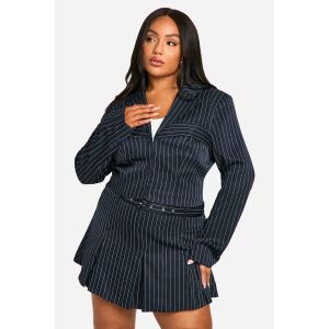 "Plus" Blazer Court Pour Grande Taille À Rayures Fines Et Détail Corset - Bleu Foncè - 44, Bleu Foncè