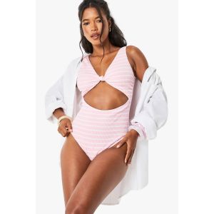 Maillot De Bain Une Pièce À Nœud Frontal Et Rayures Froissées - Rose - 36, Rose