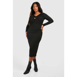 Robe Midi Grande Taille En Jersey Côtelé Avec Détail De Décolleté En Trou De Serrure Et Manches Longues - Noir - 54, Noir