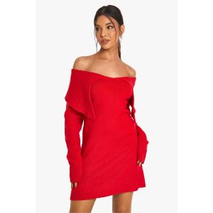 Robe Pull En Maille Douce À Col Oversize Et Épaules Dénudées - Rouge - S, Rouge