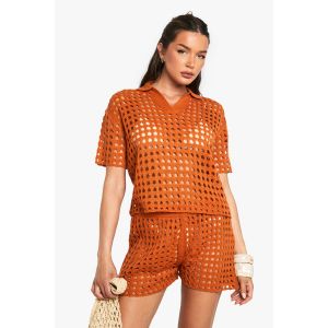Ensemble Chemise Surdimensionnée En Crochet Et Short Tricoté - Orange Rouille - S, Orange Rouille