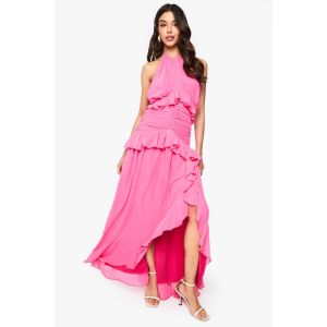 Robe Maxi En Chiffon À Col Halterneck Avec Détail De Volants - Rose Fuchsia - 38, Rose Fuchsia