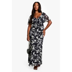 "Plus" Robe Maxi Impressée À Manches Courtes Avec Détails De Froussé - Noir - 44, Noir